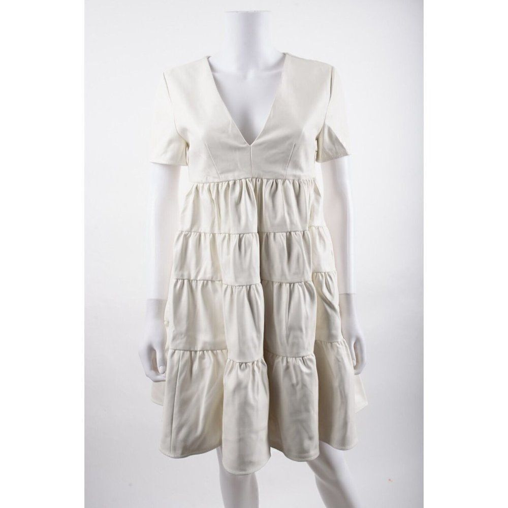 Staud Womens Mini Cocoon Faux Leather Dress Tiered Vegan XS Ivory Pockets NWT